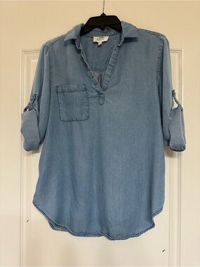 Korye Light Blue Denim Chambray Tencel Popover Tunic Top Roll Sleeve Soft M